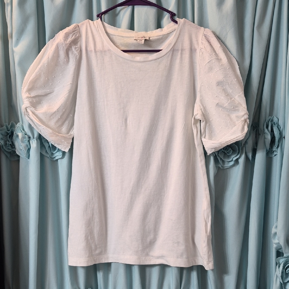 J.Crew white embroidered puff Knot sleeve Cotton T Shirt Sz XS